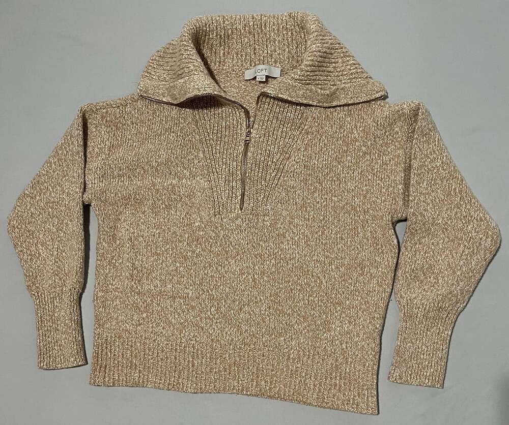 LOFT Half Zip Pullover Sweater Size M Beige Marled Knit Collar